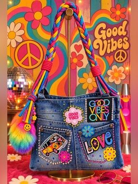 OOAK Groovy Girl Hand Embellished Denim Bag Rhinestone Hippie Boho Purse